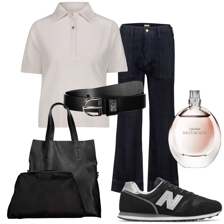 Outfit donna - Total look #1886234. Stile Basic per Tutti i giorni. Abbinamento con profumi, sneakers, polo, shopping bag, jeans dritti, cinture.