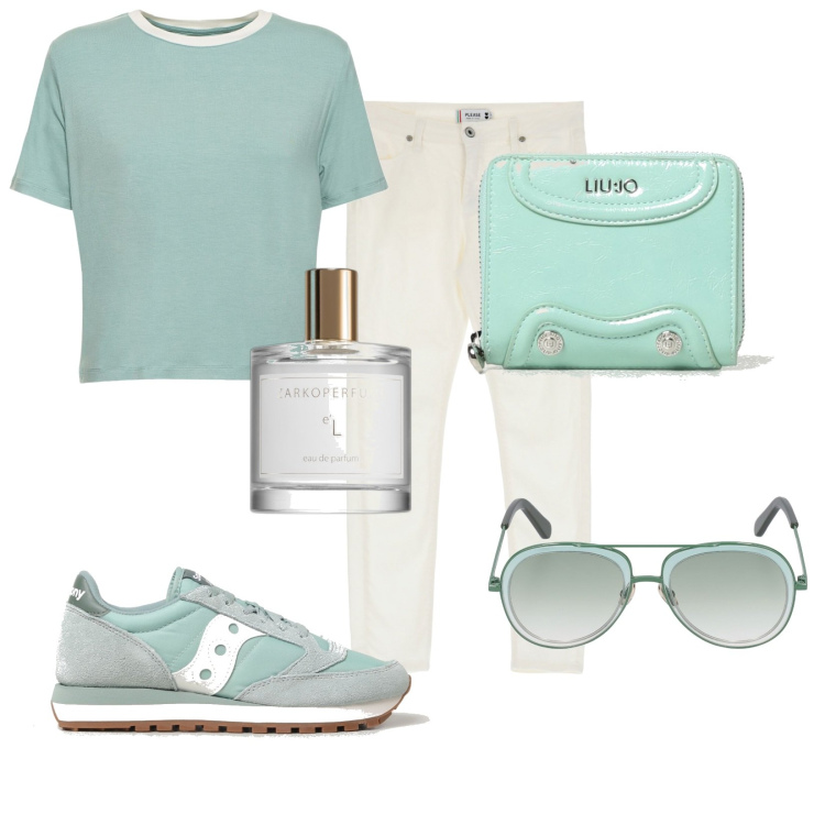 Outfit donna - Total look #1886238. Stile Urban per Tutti i giorni. Abbinamento con profumi, pantaloni skinny, sneakers, t-shirt, portafogli, occhiali da sole.