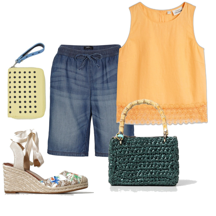 Outfit donna - Semplicemente estate. Stile Casual per Tutti i giorni. Abbinamento con bermuda, top, zeppe, pochette, portafogli.