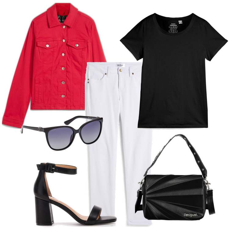 Outfit donna - Rosso, bianco e nero. Stile Casual chic per Tutti i giorni. Abbinamento con blazer, jeans dritti, t-shirt, borse a spalla, sandali col tacco, occhiali da sole.