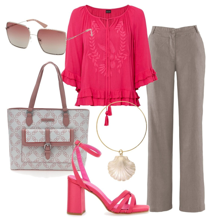 Outfit donna - Fucsia di tendenza. Stile Casual chic per Ufficio. Abbinamento con tuniche, pantaloni, braccialetti, borse a spalla, sandali col tacco, occhiali da sole.