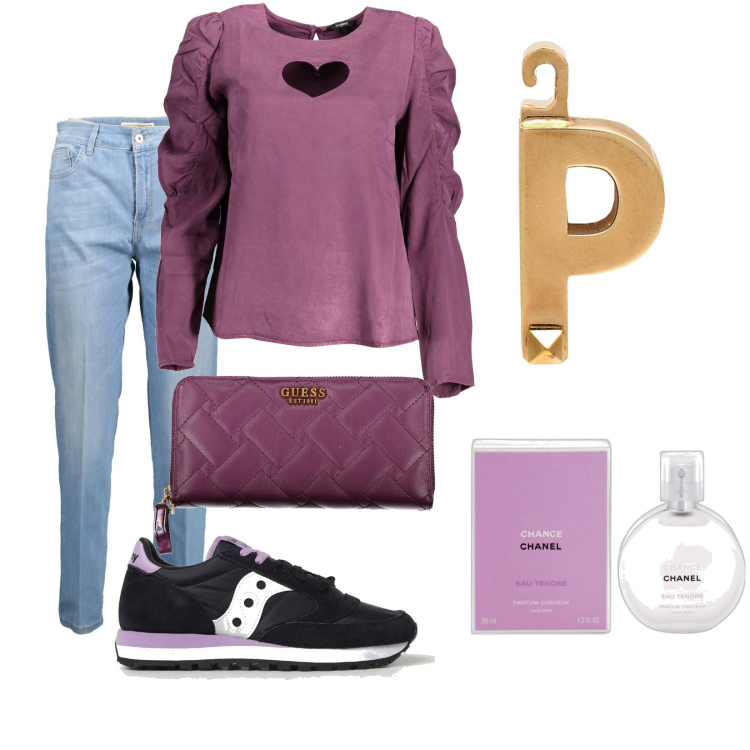 Outfit donna - Purple. Stile Casual per Tutti i giorni. Abbinamento con ciondoli, profumi, camicie, jeans, portafogli, sneakers.