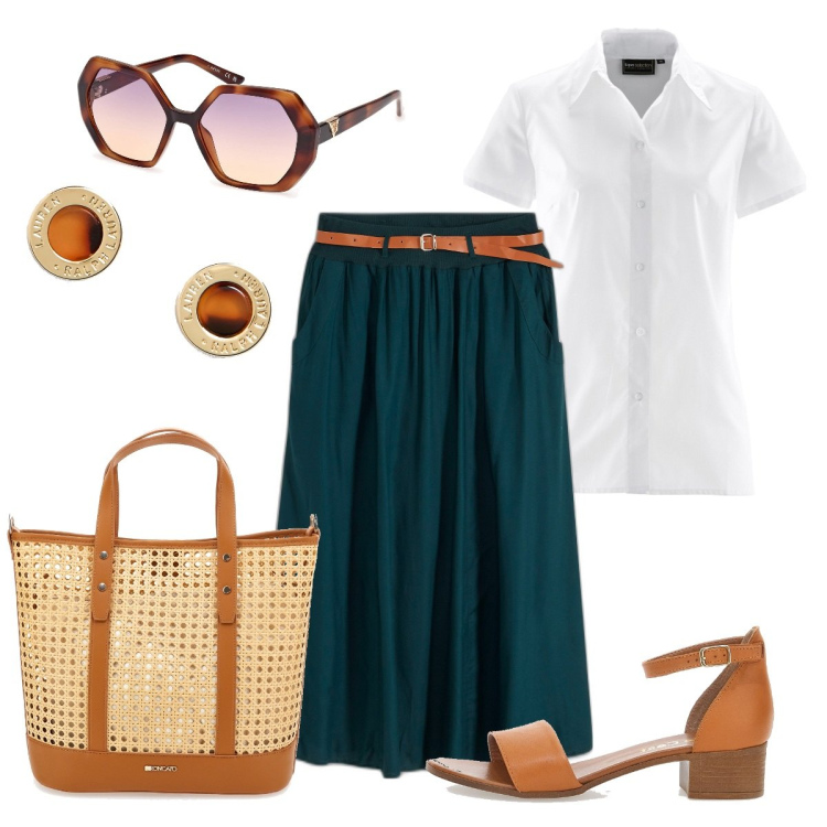 Outfit donna - Gonna e sandalo basso. Stile Vintage retrò per Tutti i giorni. Abbinamento con gonne lunghe, camicie a manica corta, orecchini, sandali in pelle, borse a spalla, occhiali da sole.