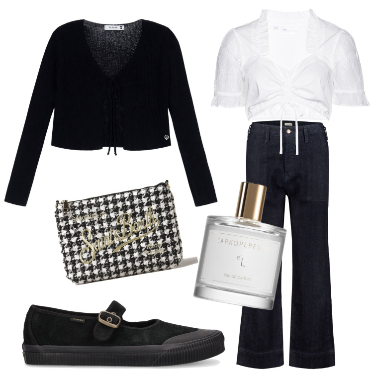 Outfit donna - Total look #1886269. Stile Casual chic per Tutti i giorni. Abbinamento con camicie, profumi, cardigans, jeans dritti, clutch, sneakers.