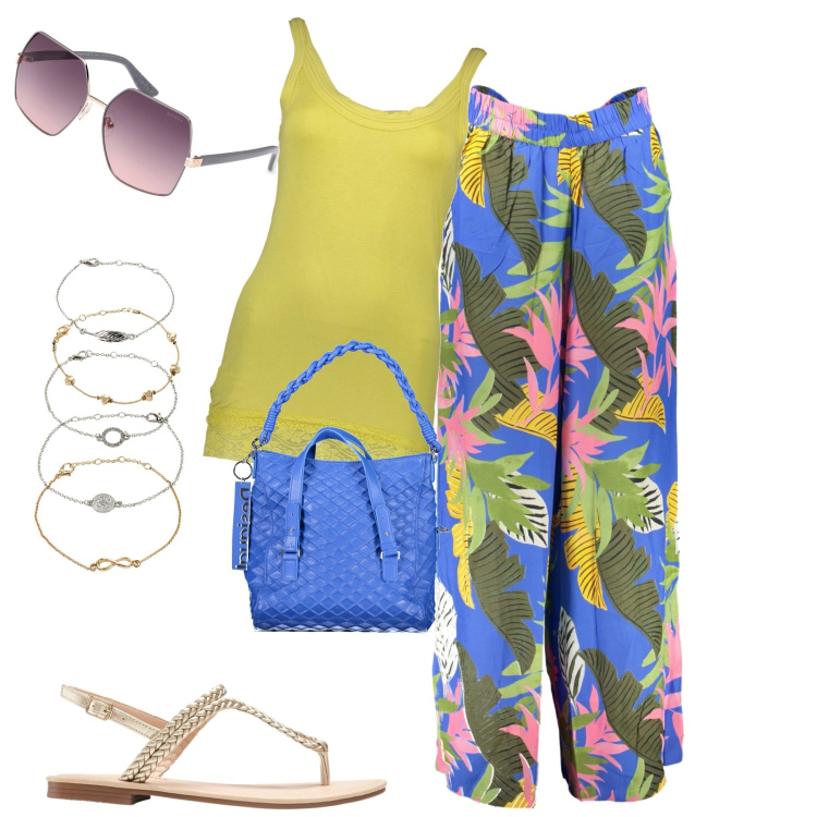 Outfit donna - Estate a colori. Stile Casual per Tutti i giorni. Abbinamento con braccialetti con ciondoli, ciabatte, pantaloni, canottiere, borse a spalla, occhiali da sole.