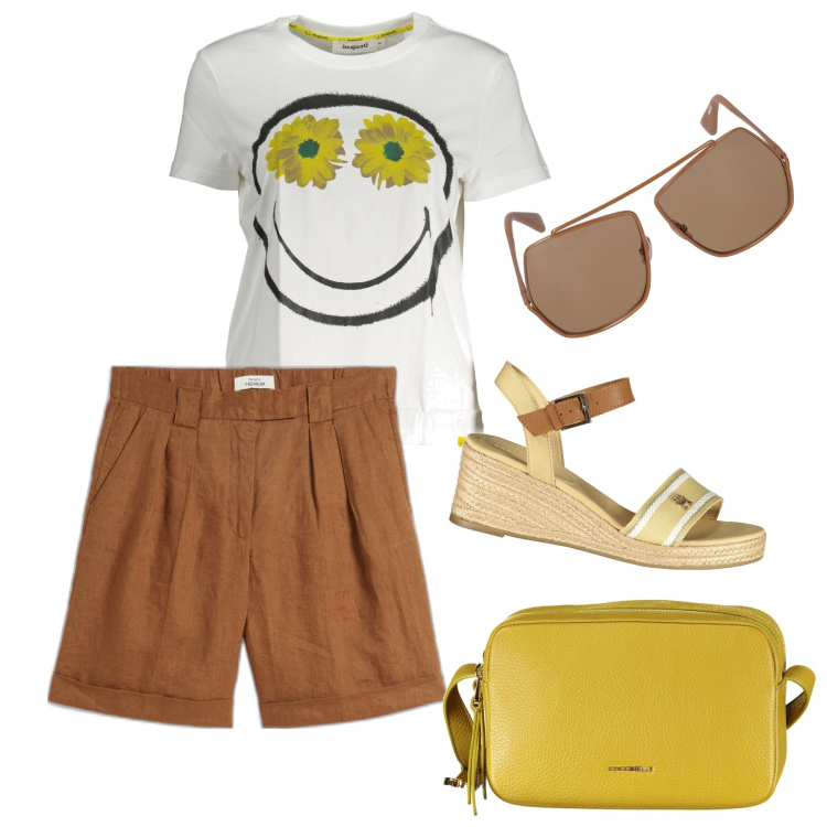 Outfit donna - Solare. Stile Casual chic per Tutti i giorni. Abbinamento con bermuda, t-shirt, borse a tracolla, sandali col tacco, occhiali da sole.