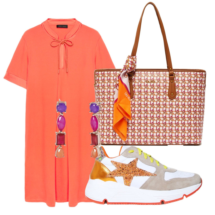 Outfit donna - Il Vestitino midi. Stile Casual chic per Tutti i giorni. Abbinamento con orecchini, sneakers, vestiti, shopping bag.