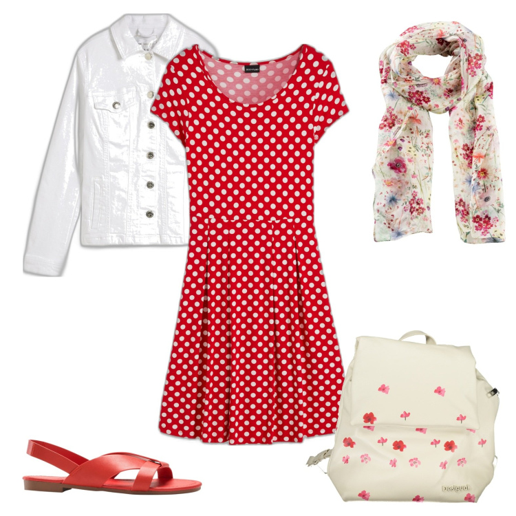 Outfit donna - Rosso a pois. Stile Casual chic per Tutti i giorni. Abbinamento con vestiti, foulard, blazer, sandali, zaini.