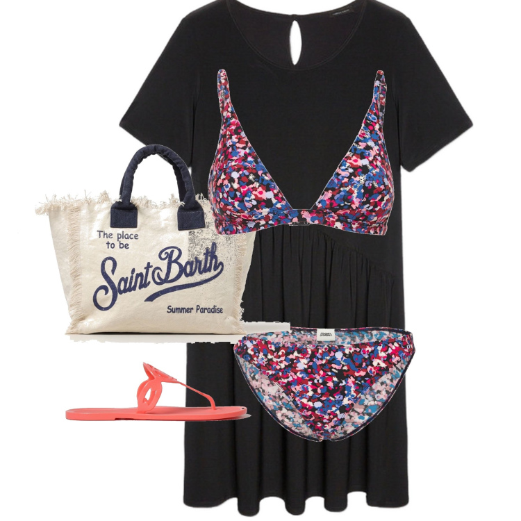 Outfit donna - Look per la prima gita al mare. Stile Glamour per Mare. Abbinamento con bikini, borse tote, ciabatte, vestiti, bikini.