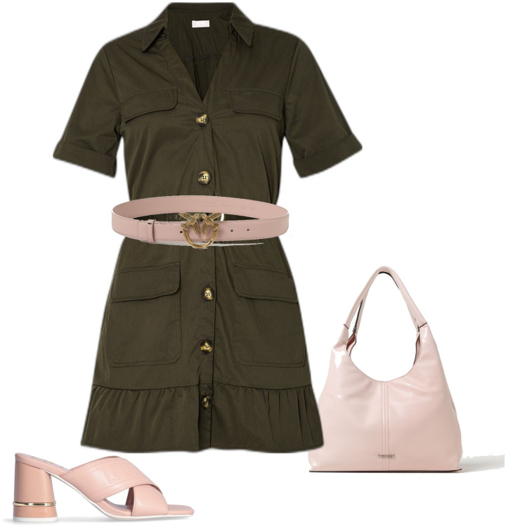 Outfit donna - Oliva. Stile Glamour per Ufficio. Abbinamento con cinture, vestiti chemisier, borse a spalla, sandali col tacco.