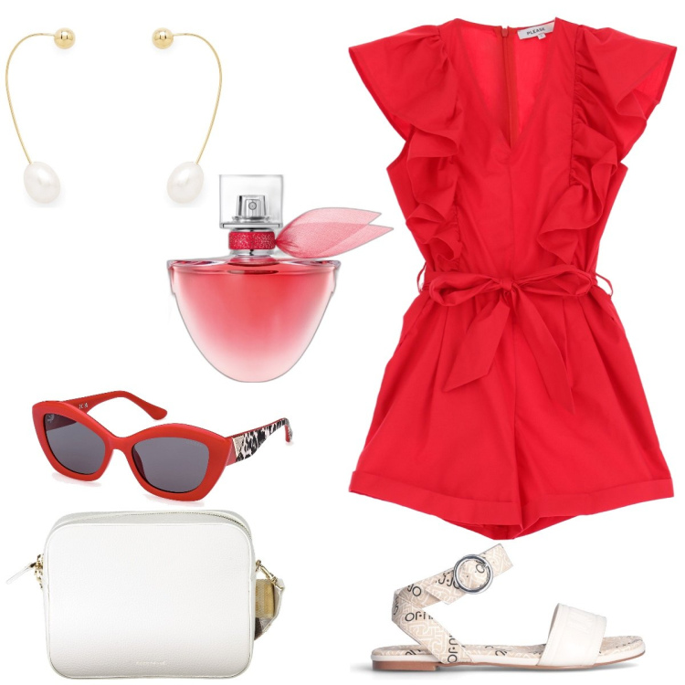 Outfit donna - Passeggiata. Stile Preppy per Tutti i giorni. Abbinamento con orecchini, profumi, vestiti corti, sandali, borse a tracolla, occhiali da sole.
