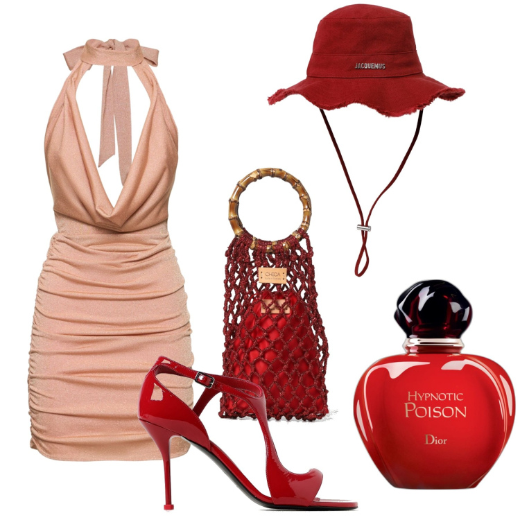 Outfit donna - Total look #1886343. Stile Chic per Mare. Abbinamento con profumi, cappelli, sandali col tacco, vestiti, pochette.