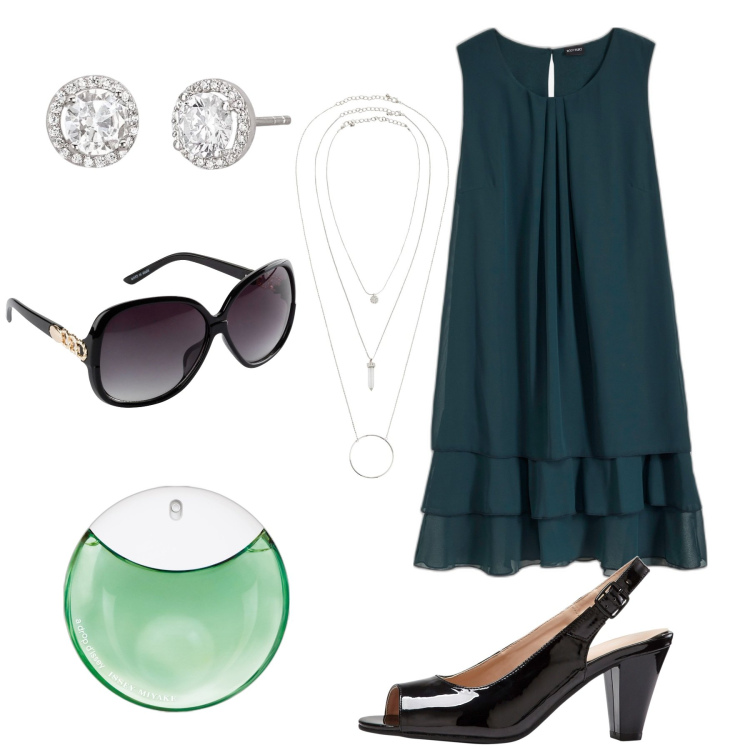 Outfit donna - Midi fashion. Stile Bon Ton per Ufficio. Abbinamento con ciondoli, occhiali da sole, vestiti, décolleté, profumi, orecchini.