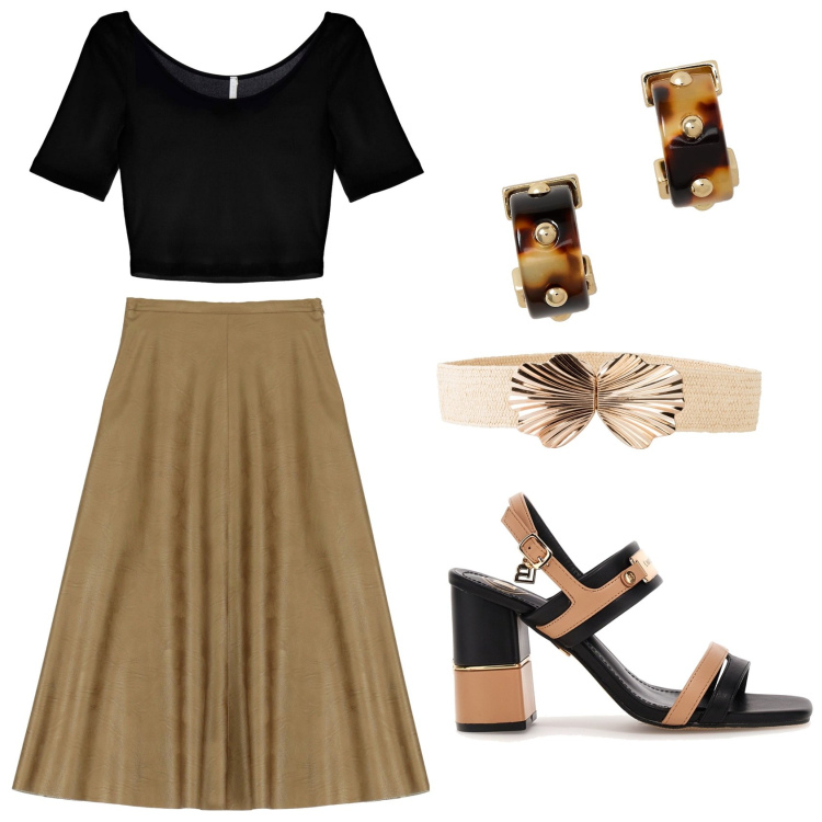 Outfit donna - Focus sui sandali. Stile Bon Ton per Tutti i giorni. Abbinamento con cinture, t-shirt, gonne longuette, orecchini, sandali col tacco.