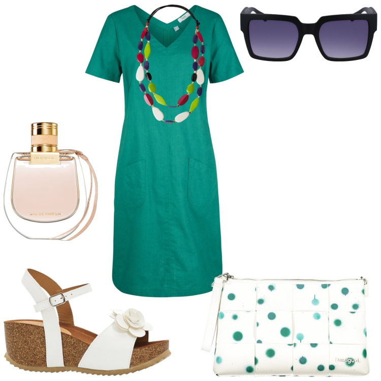 Outfit donna - Il vestito per la città. Stile Casual chic per Tutti i giorni. Abbinamento con sandali, vestiti midi/longuette, profumi, collane, borse a spalla, occhiali da sole.