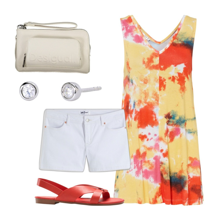 Outfit donna - Summer. Stile Romantica per Tutti i giorni. Abbinamento con shorts, sandali, top, orecchini, borse a tracolla.