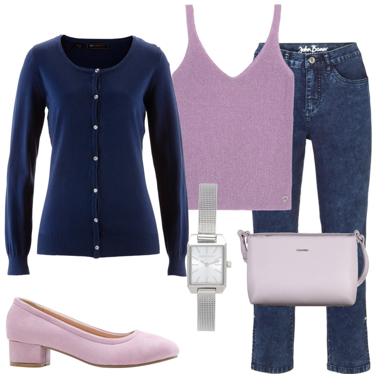 Outfit donna - In ufficio. Stile Casual per Ufficio. Abbinamento con cardigans, jeans dritti, décolleté, orologi, canottiere, borse a tracolla.