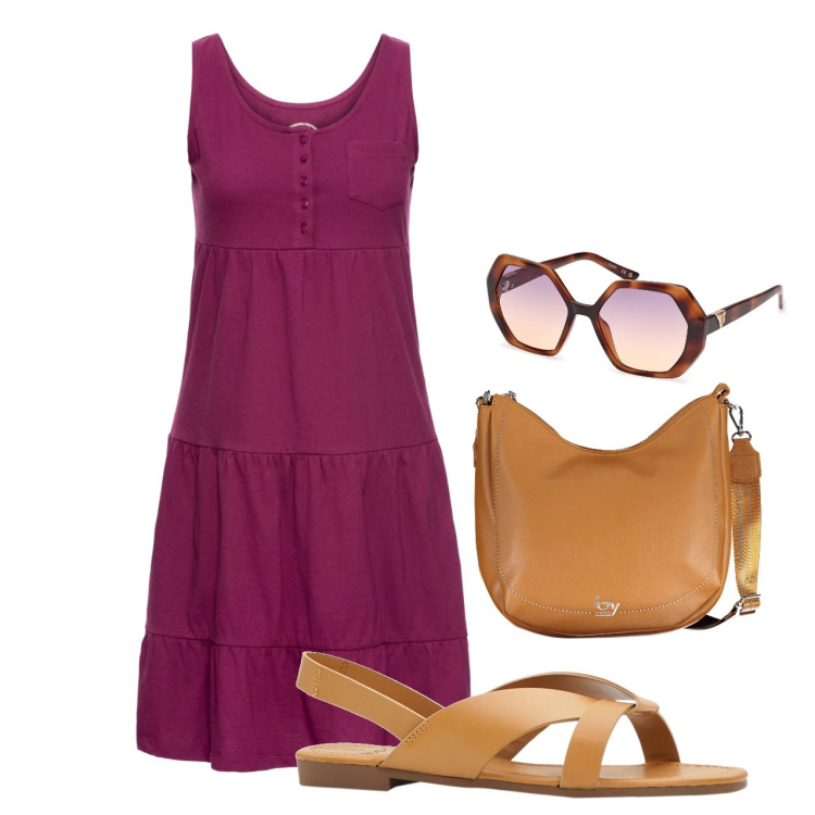 Outfit donna - Daily. Stile Romantica per Tutti i giorni. Abbinamento con vestiti corti, sandali, occhiali da sole, borse a spalla.