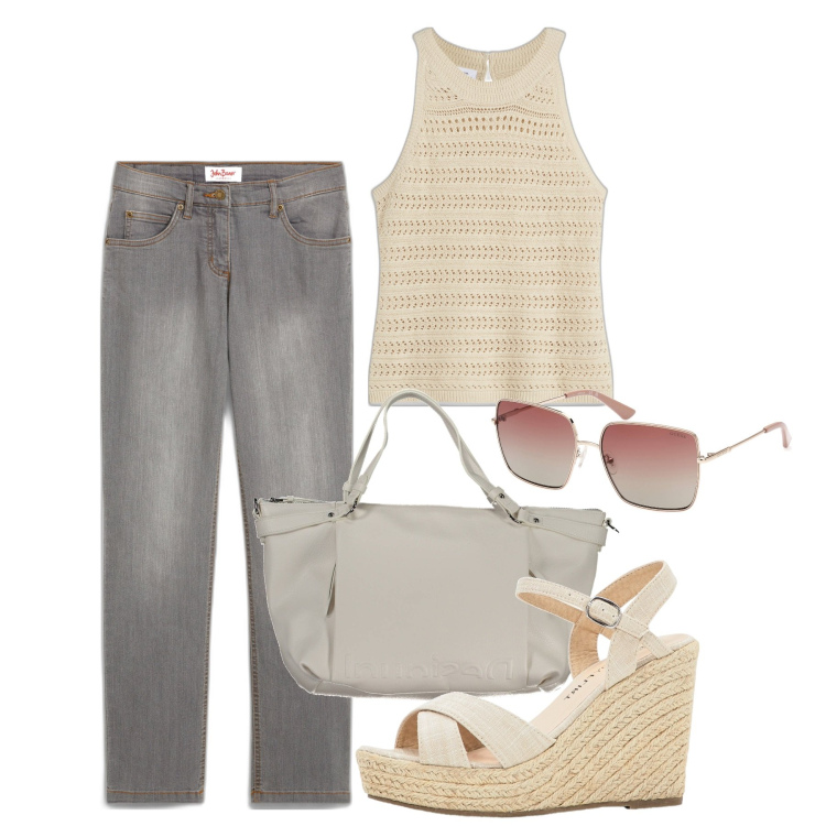 Outfit donna - Un caffè. Stile Casual per Tutti i giorni. Abbinamento con jeans dritti, sandali, top, borse a spalla, occhiali da sole.
