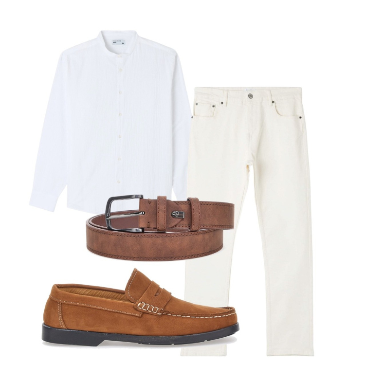 Outfit uomo - Bianco. Stile Casual per Tutti i giorni. Abbinamento con camicie, pantaloni, scarpe stringate, cinture.