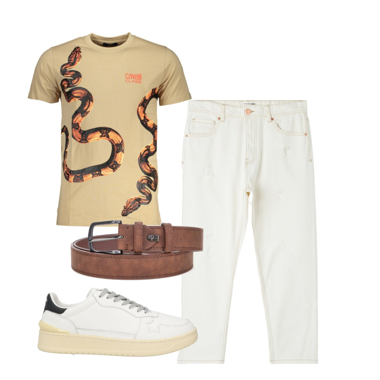 Outfit uomo - City. Stile Casual per Tutti i giorni. Abbinamento con sneakers, jeans strappati, cinture, t-shirt.