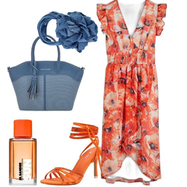 Outfit donna - Floreale. Stile Glamour per Tutti i giorni. Abbinamento con vestiti, profumi, sandali alla schiava, collane, borse a mano.