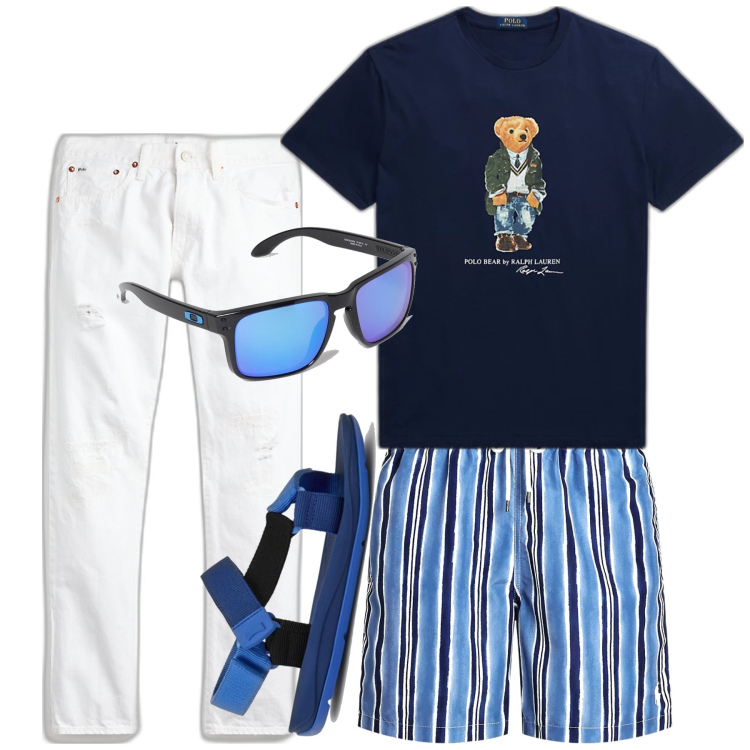 Outfit uomo - Total look #1886410. Stile Trendy per Mare. Abbinamento con jeans, costumi, t-shirt, occhiali da sole, sandali.