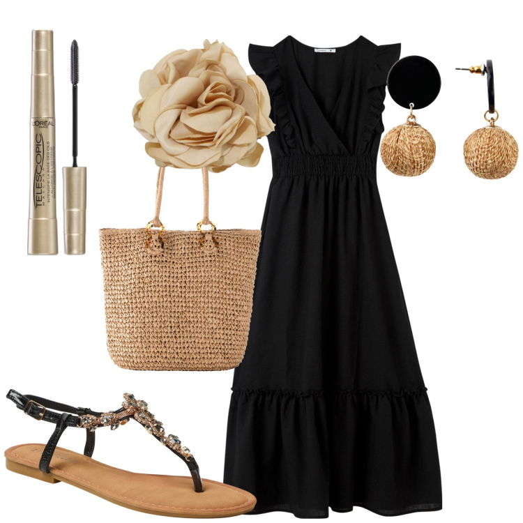 Outfit donna - Tutto il giorno. Stile Casual chic per Tutti i giorni. Abbinamento con orecchini, shopping bag, mascara, vestiti lunghi, sandali gioiello, braccialetti.