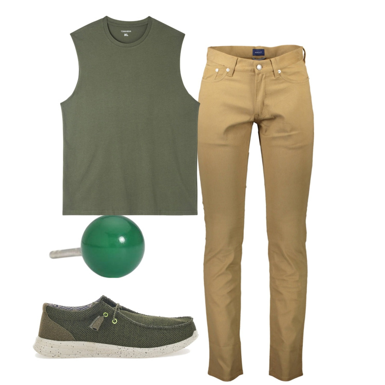 Outfit uomo - City. Stile Urban per Tutti i giorni. Abbinamento con t-shirt, orecchini, scarpe stringate, pantaloni.