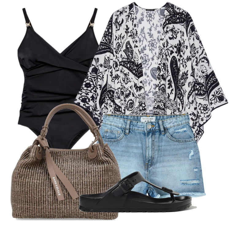 Outfit donna - Aperitivo. Stile Casual chic per Tutti i giorni. Abbinamento con shorts, shopping bag, kimono, costumi interi, sandali.