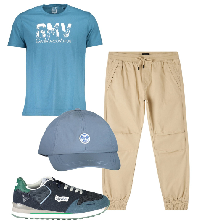 Outfit uomo - City. Stile Casual per Tutti i giorni. Abbinamento con pantaloni, sneakers, cappelli con visiera, t-shirt.