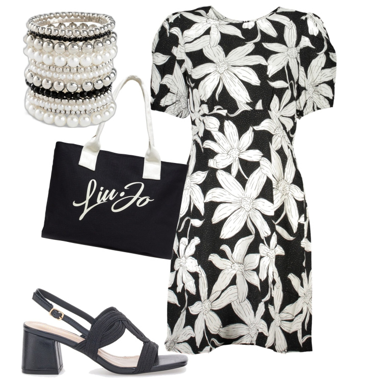 Outfit donna - Colazione con le amiche. Stile Casual chic per Tutti i giorni. Abbinamento con braccialetti, sandali col tacco, shopping bag, vestiti corti.