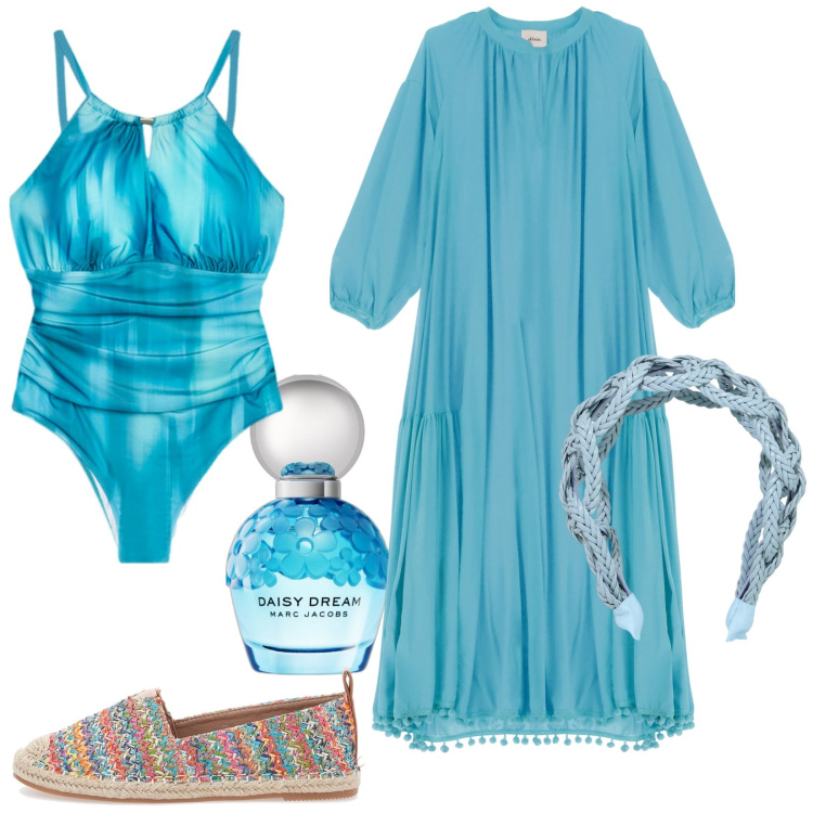 Outfit donna - La mia casa al mare. Stile Trendy per Mare. Abbinamento con profumi, vestiti lunghi, fasce per capelli, espadrillas, costumi interi.