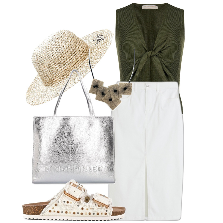 Outfit donna - Pomeriggio. Stile Casual chic per Tutti i giorni. Abbinamento con gonne longuette, ciondoli, top, sandali, cappelli, shopping bag.