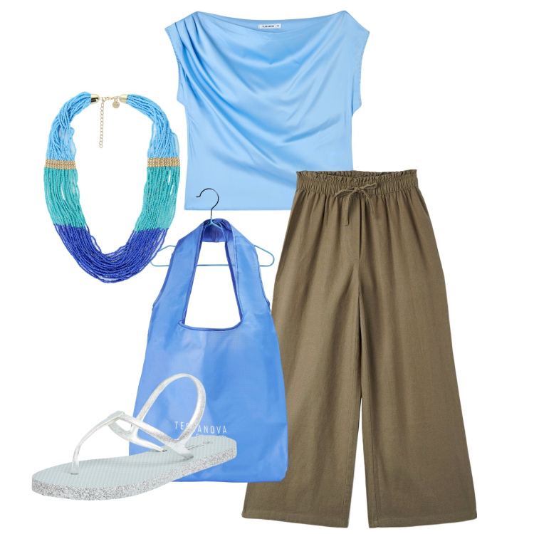 Outfit donna - Ufficio. Stile Bon Ton per Ufficio. Abbinamento con sandali, bluse, pantaloni, shopping bag, collane.