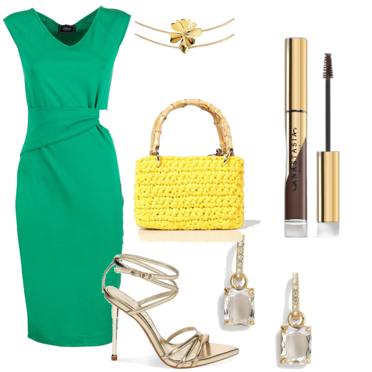 Outfit donna - Smeraldo e oro. Stile Chic per Tutti i giorni. Abbinamento con collane, mascara, vestiti midi/longuette, sandali col tacco, orecchini, pochette.