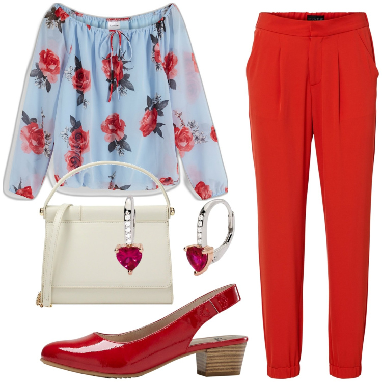 Outfit donna - Giornata lavorativa. Stile Casual per Ufficio. Abbinamento con décolleté, pantaloni, bluse, orecchini, pochette.