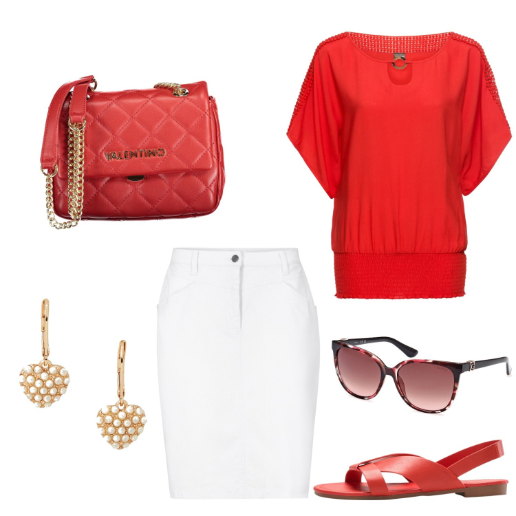Outfit donna - Total look #1886509. Stile Glamour per Tutti i giorni. Abbinamento con bluse, gonne, sandali, orecchini, borse a spalla, occhiali da sole.