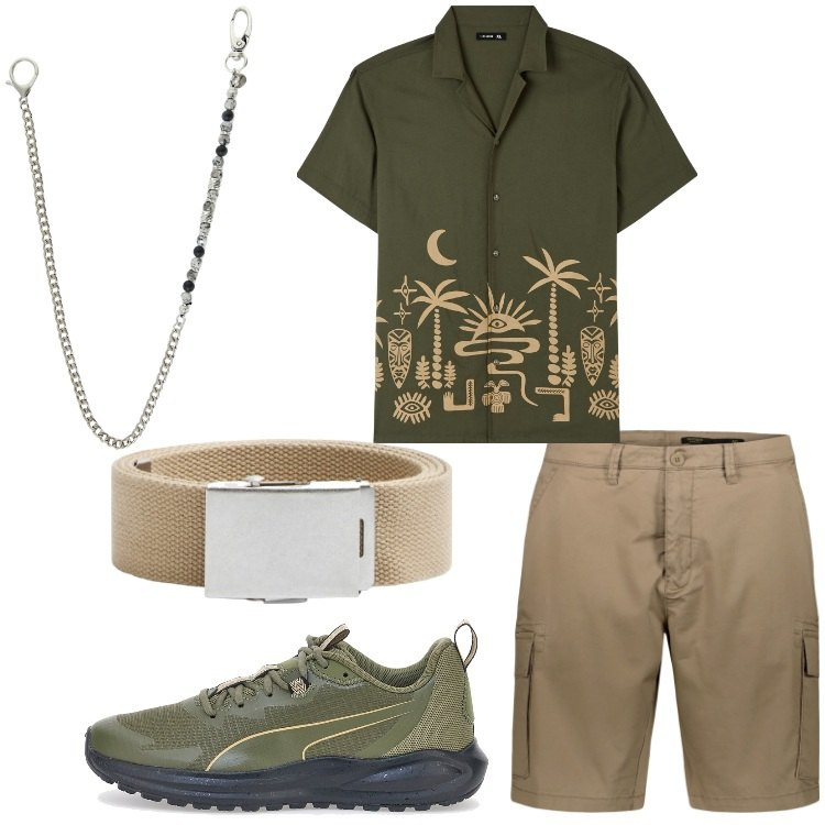 Outfit uomo - Lo stile di ogni giorno. Stile Casual per Tutti i giorni. Abbinamento con camicie a manica corta, cinture, collane, scarpe sportive, bermuda.