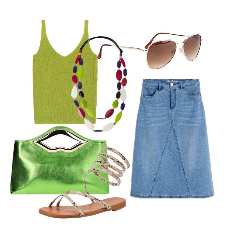 Outfit donna - Ghost outfitter - giugno. Stile Casual per Tutti i giorni. Abbinamento con gonne, occhiali da sole, sandali, canottiere, pochette, collane.