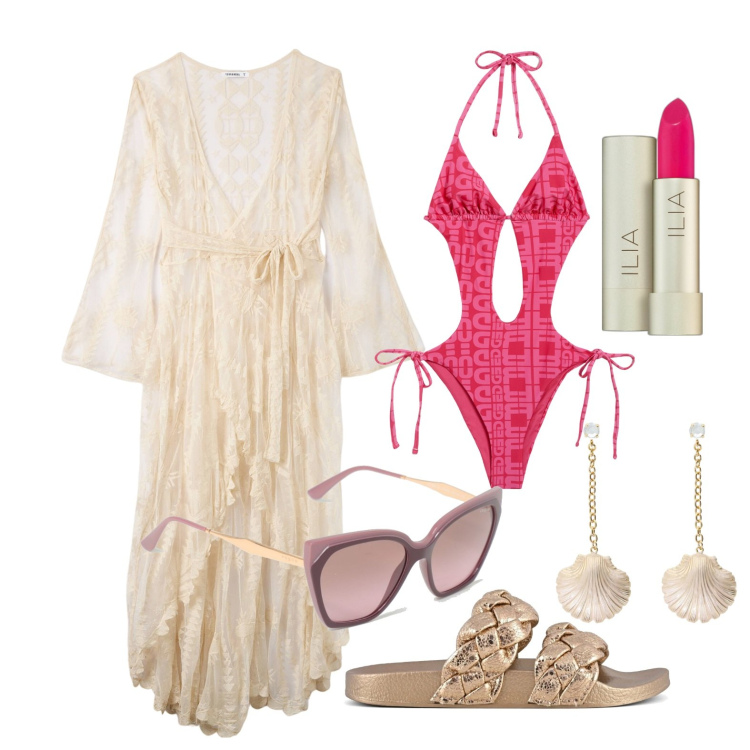 Outfit donna - Ghost outfitter - giugno. Stile Glamour per Mare. Abbinamento con rossetti, vestiti da spiaggia, costumi interi, orecchini, ciabatte, occhiali da sole.