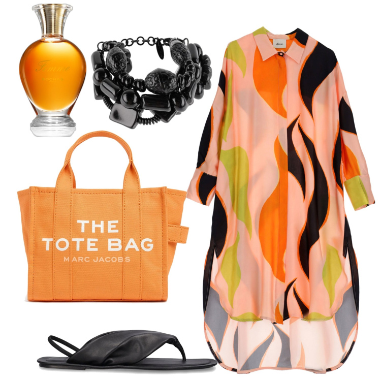 Outfit donna - Arancione. Stile Casual chic per Serata fuori. Abbinamento con braccialetti, profumi, vestiti asimmetrici, borse tote, sandali in pelle.
