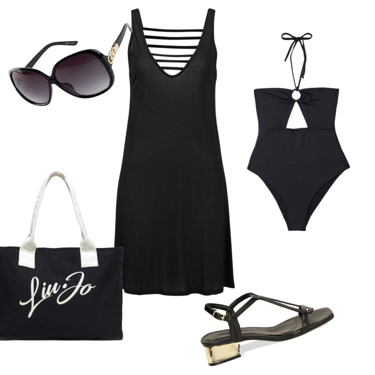 Outfit donna - Accessori wow e lo stile va. Stile Glamour per Mare. Abbinamento con vestiti da spiaggia, occhiali da sole, costumi interi, sandali col tacco, shopping bag.
