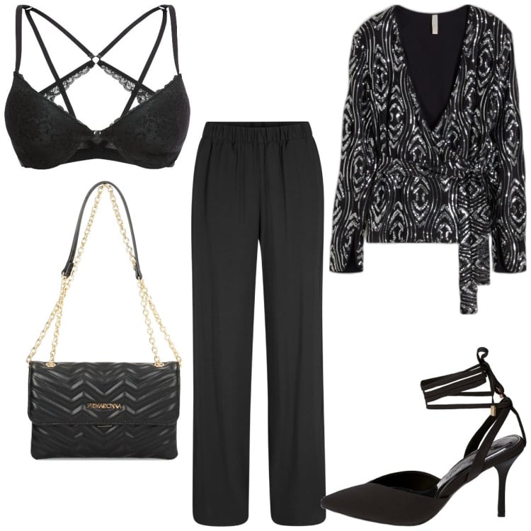 Outfit donna - Cena fuori. Stile Chic per Serata fuori. Abbinamento con pantaloni, maglieria, reggiseni, décolleté, borse a tracolla.