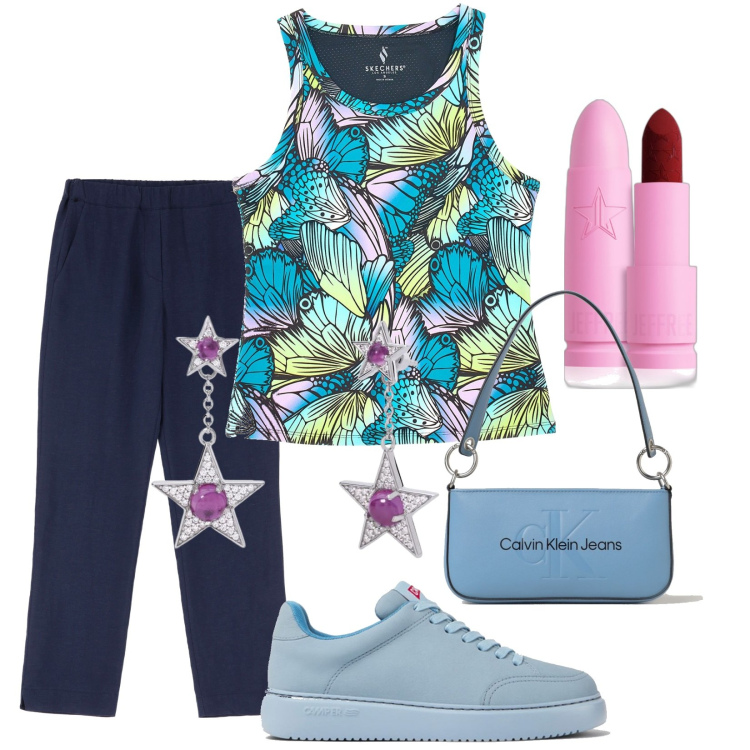 Outfit donna - La canotta multicolore. Stile Casual per Tutti i giorni. Abbinamento con rossetti, orecchini, pantaloni, canottiere, sneakers, borse a spalla.
