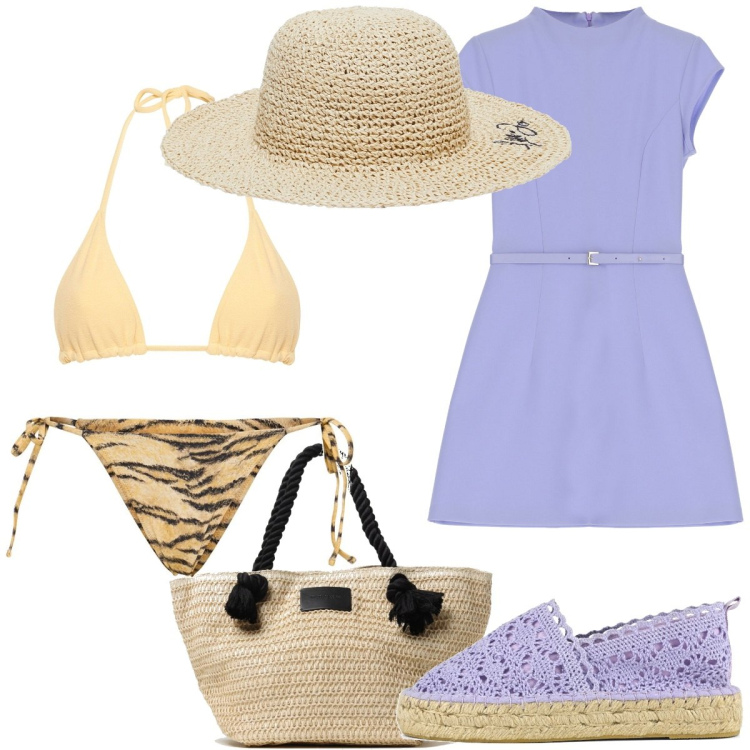 Outfit donna - Una vacanza indimenticabile. Stile Trendy per Mare. Abbinamento con vestiti corti, espadrillas, borse tote, bikini, bikini, cappelli.
