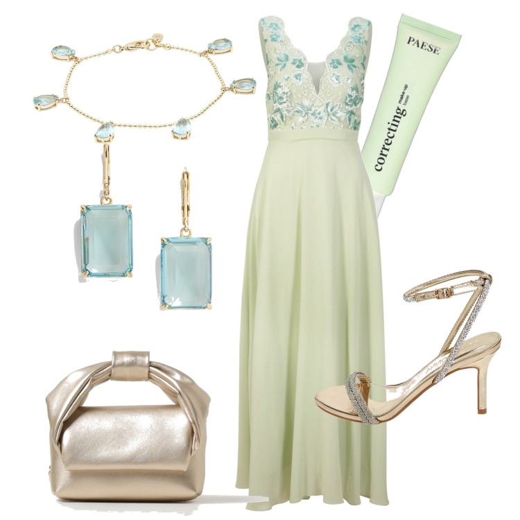 Outfit donna - Cerimonia a giugno. Stile Chic per Cerimonia. Abbinamento con vestiti, braccialetti, primer, sandali gioiello, orecchini, borse a tracolla.