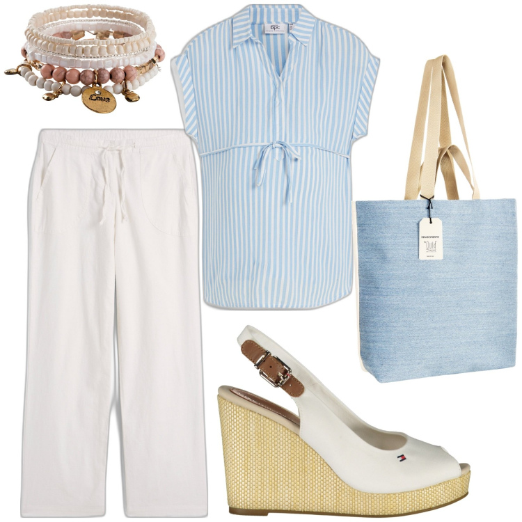 Outfit donna - Fresco lino. Stile Minimal per Tutti i giorni. Abbinamento con pantaloni a palazzo, braccialetti, bluse, borse tote, sandali.