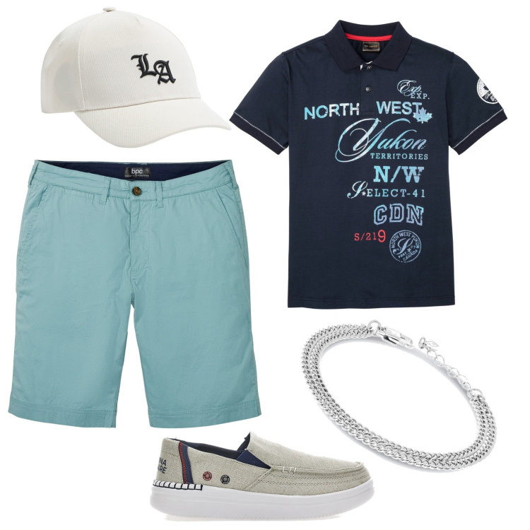 Outfit uomo - Mocassino d\'estate. Stile Casual per Tutti i giorni. Abbinamento con polo, bermuda, cappelli, scarpe stringate, braccialetti.
