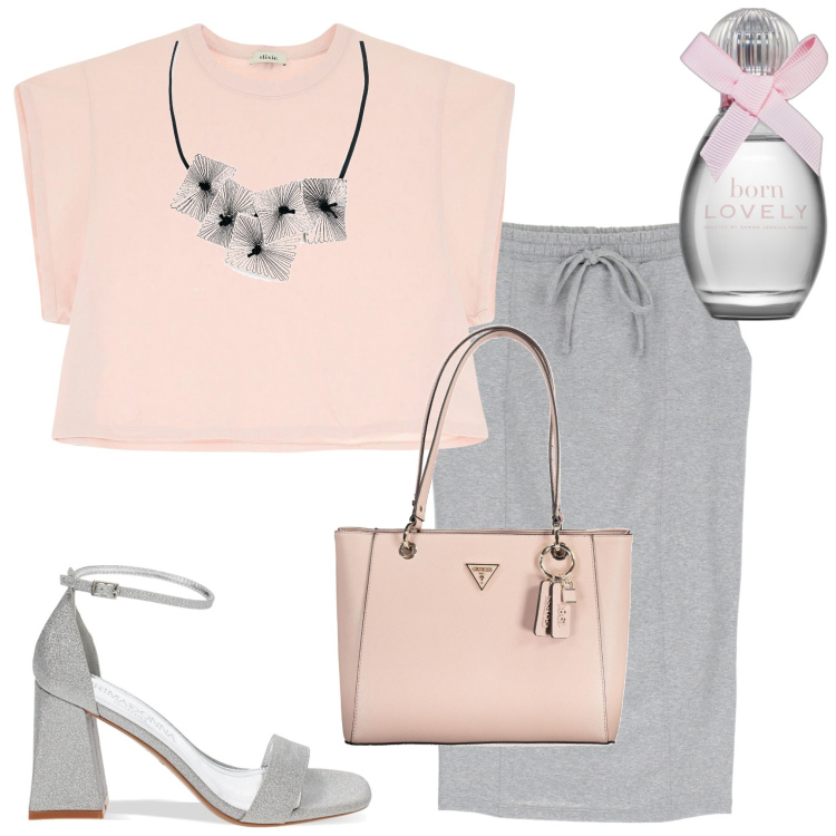 Outfit donna - Gli essentials. Stile Casual chic per Ufficio. Abbinamento con ciondoli, profumi, t-shirt, gonne longuette, sandali col tacco, borse a spalla.